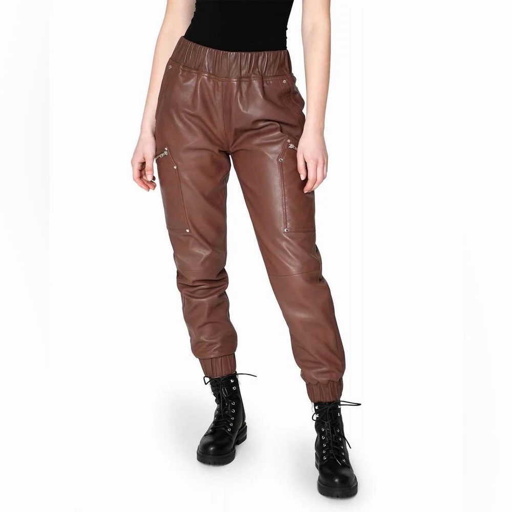 Nicole Miller Brown Lamb Leather Space Jogger High Waisted Zip Pocket Pants Sz M